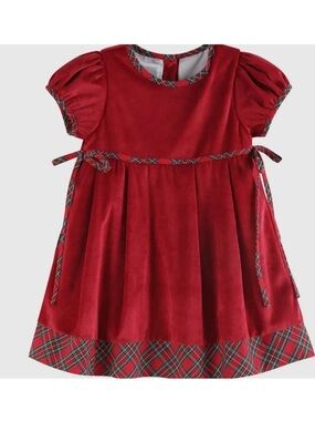 Red Velvet Plaid Trim Girls' Formal Dress